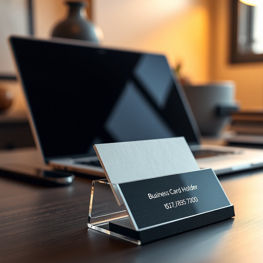 A 4K image featuring a laser-engraved business card holder presented on a desk. The desk is neat and organized, with a laptop and other professional accessories in the background. The lighting is warm and inviting, creating a sense of sophistication and professionalism. The color palette is muted and elegant, with shades of brown, gray, and black. Style reference: Lifestyle photography with a focus on professional aesthetics.
