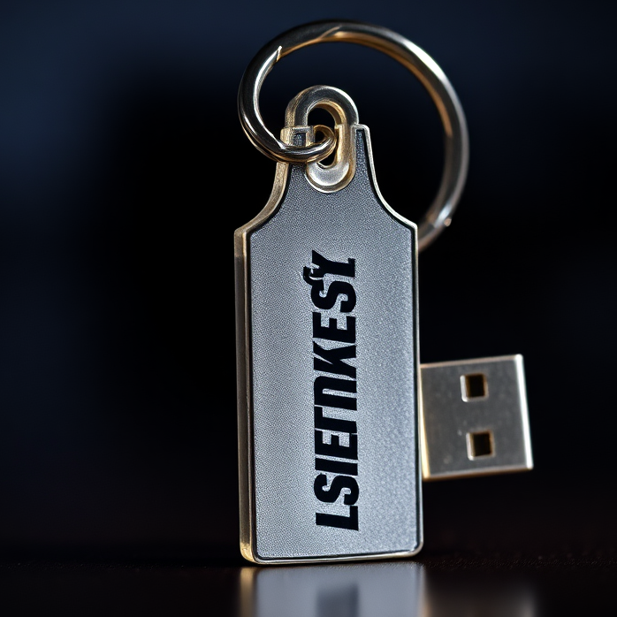A 4K image showcasing a close-up of a uniquely designed laser-engraved promotional item, such as a custom-shaped keychain or a personalized USB drive. The item is visually striking and reflects the brand's personality. The background is blurred, creating a sense of depth and focus on the unique design. The lighting is dramatic, highlighting the details of the design and the craftsmanship. Style reference: Product photography with a focus on unique design and personalization.
