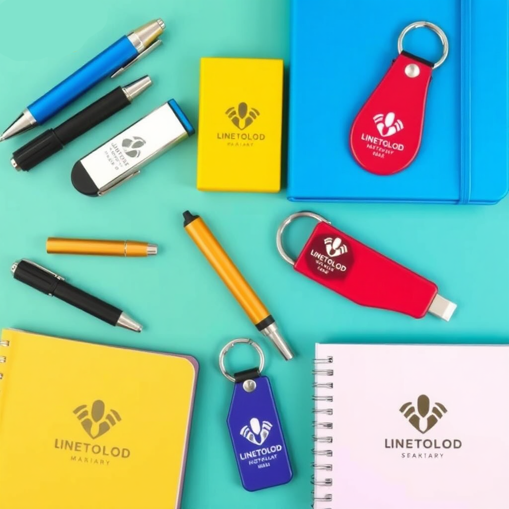 A 4K photograph showcasing a series of identical laser-engraved logos on different products, including pens, keychains, and notebooks. The products are arranged in a visually appealing composition, emphasizing the consistency of the branding. The lighting is soft and even, highlighting the details of each product. The color palette is vibrant and colorful, reflecting the diversity of branding options. Style reference: Clean, modern product photography.