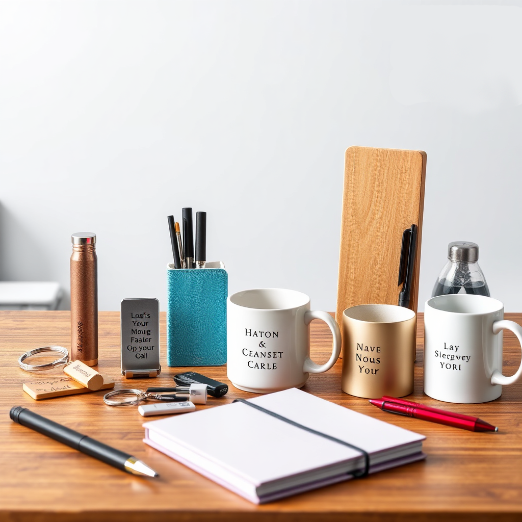 A 4K image showcasing a variety of personalized products with laser engravings. The products include items such as pens, keychains, mugs, and notebooks. The background is a clean and modern workspace, highlighting the range of personalization options. The lighting is soft and even, showcasing the details of each product. Style reference: Lifestyle photography with a focus on personalization and gifting.