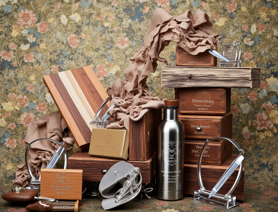 A 4K image showcasing a variety of laser-engraved products made from different materials, including a wooden cutting board, a metal water bottle, a glass award, and a plastic pen. The products are arranged in a visually appealing composition, highlighting the versatility of the laser engraving process. The lighting is soft and even, highlighting the textures of each material. The color palette is diverse, reflecting the range of materials used. Style reference: Product photography with a focus on material textures and diversity.