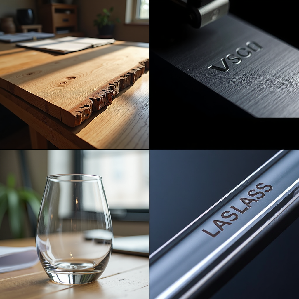 A 4K image showcasing the different materials we work with for laser engraving, including wood, metal, glass, and acrylic. The image highlights the unique textures and qualities of each material. The lighting is dramatic, showcasing the details of each material and the precision of the laser engraving process. Style reference: Material photography with a focus on textures and details.