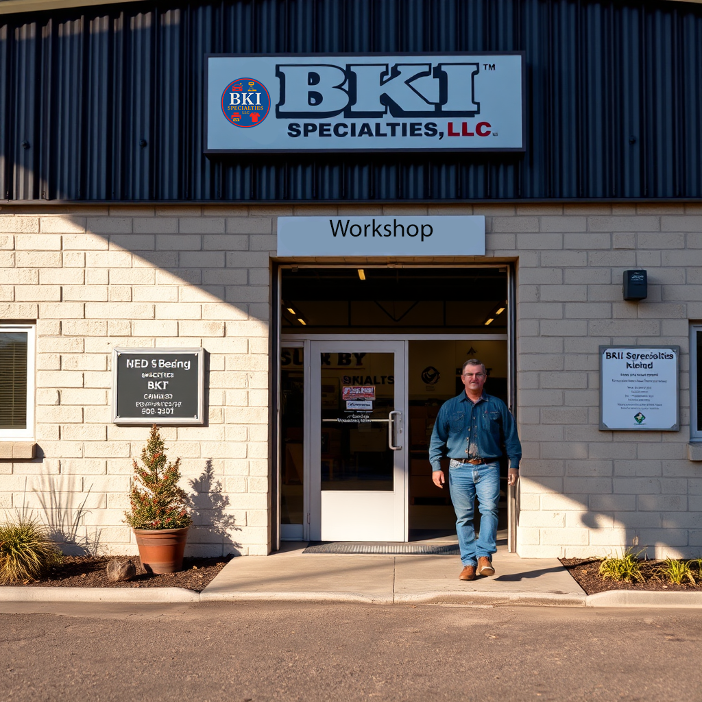 A photorealistic exterior shot of the BKI Specialties LLC workshop. The building is well-maintained with clear signage. A customer is walking towards the entrance, creating an inviting atmosphere. The lighting is natural and welcoming. Focus is on the building's entrance. Style: Professional, inviting.
