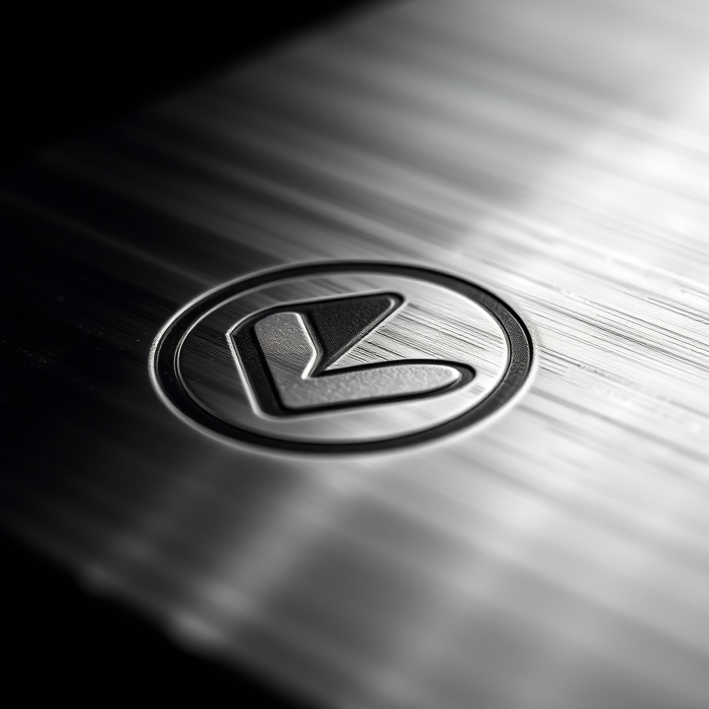 A 4K close-up shot of a laser-engraved logo on a brushed metal surface. The lighting should be dramatic, highlighting the depth and precision of the engraving. The logo is a stylized representation of a company's brand identity. The background is blurred, creating a sense of depth and focus on the engraved logo. The color palette is monochromatic, with shades of silver and gray. Style reference: High-contrast product photography.