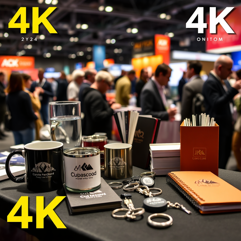 A 4K image featuring a variety of laser-engraved promotional items, such as mugs, keychains, and notebooks, distributed at a trade show or event. The items are prominently displayed, attracting attention and promoting the brand. The background is a bustling event scene with people interacting and engaging with the products. The lighting is bright and energetic, reflecting the excitement of the event. Style reference: Event photography with a focus on brand promotion and engagement.