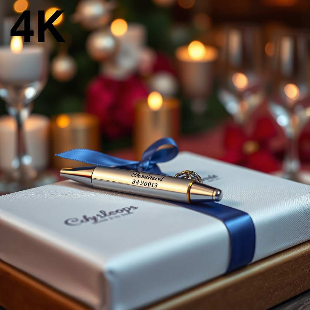 A 4K image showcasing a beautifully wrapped laser-engraved gift, such as a personalized pen or keychain. The gift is presented in an elegant setting, with soft lighting and a festive atmosphere. The color palette is warm and inviting, reflecting the sentiment of giving. Style reference: Lifestyle photography with a focus on gifting and presentation.