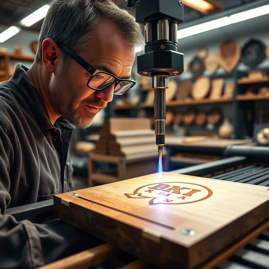 A 4K resolution photograph showcasing a craftsman at BKI Specialties LLC working with a laser engraving machine. The focus is on the precision of the laser beam as it engraves a logo onto a wooden plaque. The craftsman is wearing safety glasses and appears focused and skilled. The background shows a well-organized workshop with various laser-engraved products on display. The lighting is a combination of natural and artificial light, highlighting the details of the engraving process. The color palette is warm and inviting, with a focus on natural materials like wood and metal. The camera angle is a medium shot, capturing the craftsman in action and the surrounding environment. Style reference: Documentary-style photography with a focus on craftsmanship and attention to detail.