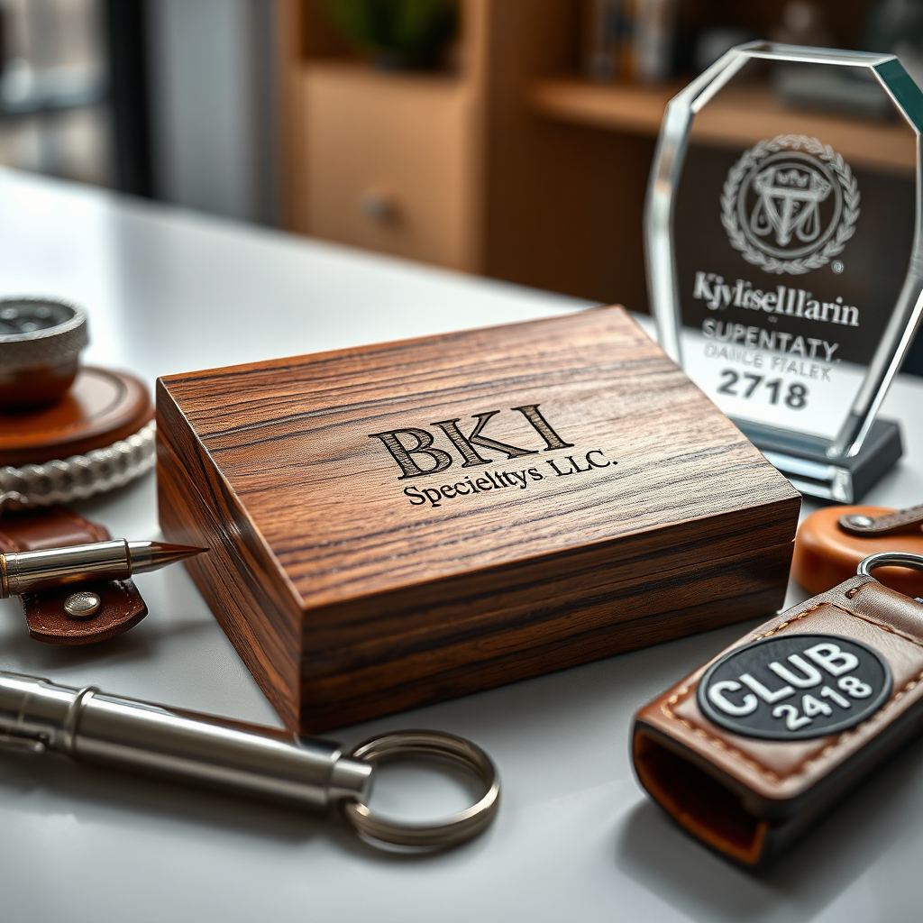 A hyperrealistic, 8K resolution photograph showcasing a selection of laser-engraved branding products. The composition centers around a polished wooden box with the BKI Specialties LLC logo subtly engraved on its surface. Surrounding the box are various items, including a metallic pen engraved with a company name, a leather keychain with a club emblem, and a glass award with an organization's insignia. The lighting is soft and diffused, highlighting the intricate details of the laser engravings. The color palette consists of warm, earthy tones with metallic accents, creating a sophisticated and professional aesthetic. The camera angle is a slightly elevated close-up, emphasizing the textures and craftsmanship of the products. The environment is a clean, modern workspace with blurred background elements. Style reference: Minimalist product photography with a focus on detail and quality.