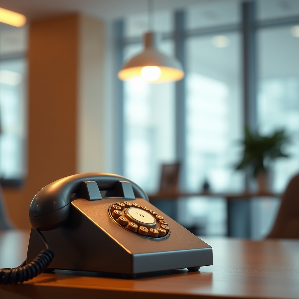  A photorealistic image of a classic telephone receiver with a warm, inviting light shining on it. The background is slightly blurred, showing a modern office setting. The focus is on the receiver, emphasizing direct communication. The color palette is warm and inviting, with soft lighting. Style: Professional, clean.