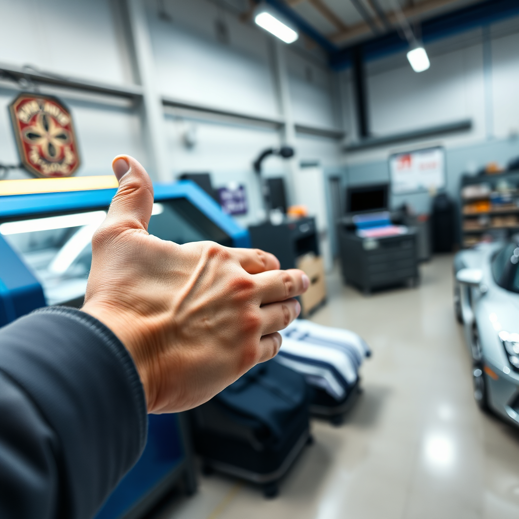 A photorealistic, ultra-high quality hero image for BKI Specialties LLC's 'Contact Us' page. The scene depicts a brightly lit, modern workshop. In the foreground, a friendly hand extends, ready for a handshake, subtly hinting at a business deal or partnership. Behind the hand, blurred in the background, are hints of the various services offered: a laser engraving machine etching intricate designs, a UV printer applying vibrant colors, neatly folded custom-designed shirts, and a gleaming, freshly detailed car. The color palette is professional yet inviting, with blues, grays, and pops of color from the printed materials. The camera angle is slightly low, looking up to give a sense of aspiration and possibility. Texture details are incredibly sharp, from the wrinkles in the hand to the metallic sheen of the machines. The overall environment feels clean, organized, and innovative. Style references include modern corporate photography with a touch of industrial aesthetic. 8K resolution, hyperrealistic.