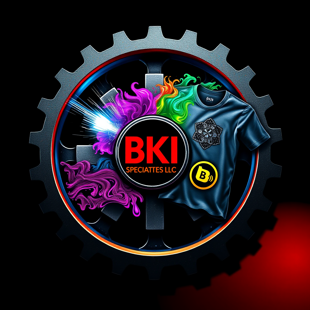 A stylized image representing BKI Specialties LLC. Imagine a central gear mechanism, intricately designed. Emerging from the central gear are four distinct and artistically rendered elements: a focused laser beam etching a design, vibrant ink swirling to form a colorful pattern, a perfectly folded custom t-shirt with a unique logo, and water droplets beading on a polished car surface. The color palette is bold and dynamic, using contrasting colors to represent each service. Lighting is dramatic, highlighting the details of each element. The camera angle is a close-up, emphasizing the intricacy and precision of the work. Style references include modern vector art with a touch of steampunk aesthetic. 4K resolution, high quality.