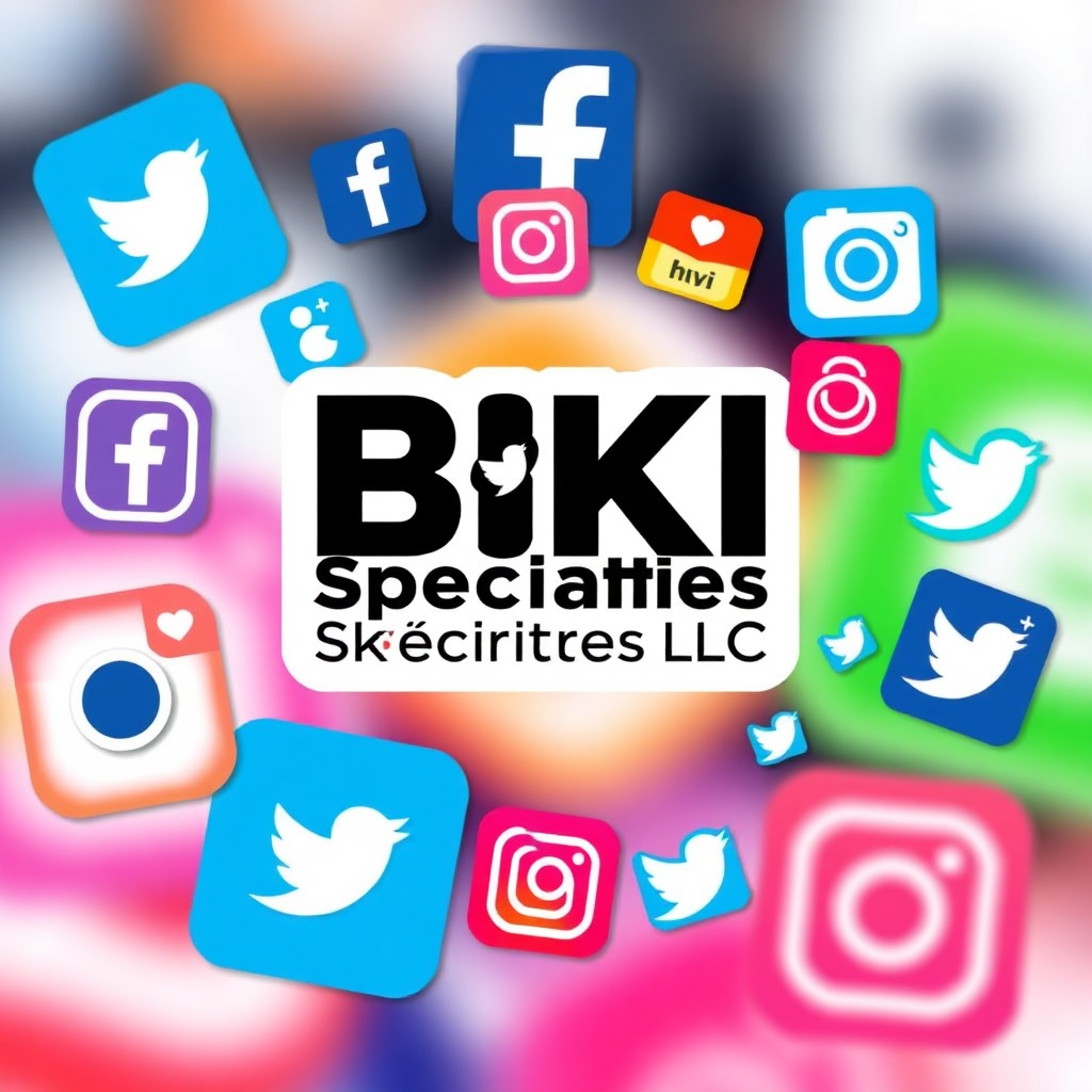  A vibrant, modern collage featuring various social media icons (Facebook, Instagram, etc.) arranged creatively around a central logo for BKI Specialties LLC. The background is blurred, suggesting a dynamic online presence. The color palette is bright and energetic, reflecting the engaging nature of social media. Style: modern, vibrant, and engaging.
