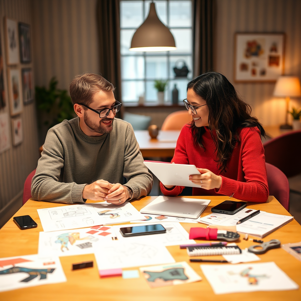 A warm, inviting image of two people sitting at a table, engaged in a brainstorming session. They are surrounded by design sketches, material samples, and technology gadgets. The atmosphere is collaborative and creative. The color palette is warm and inviting. Style: collaborative and friendly.