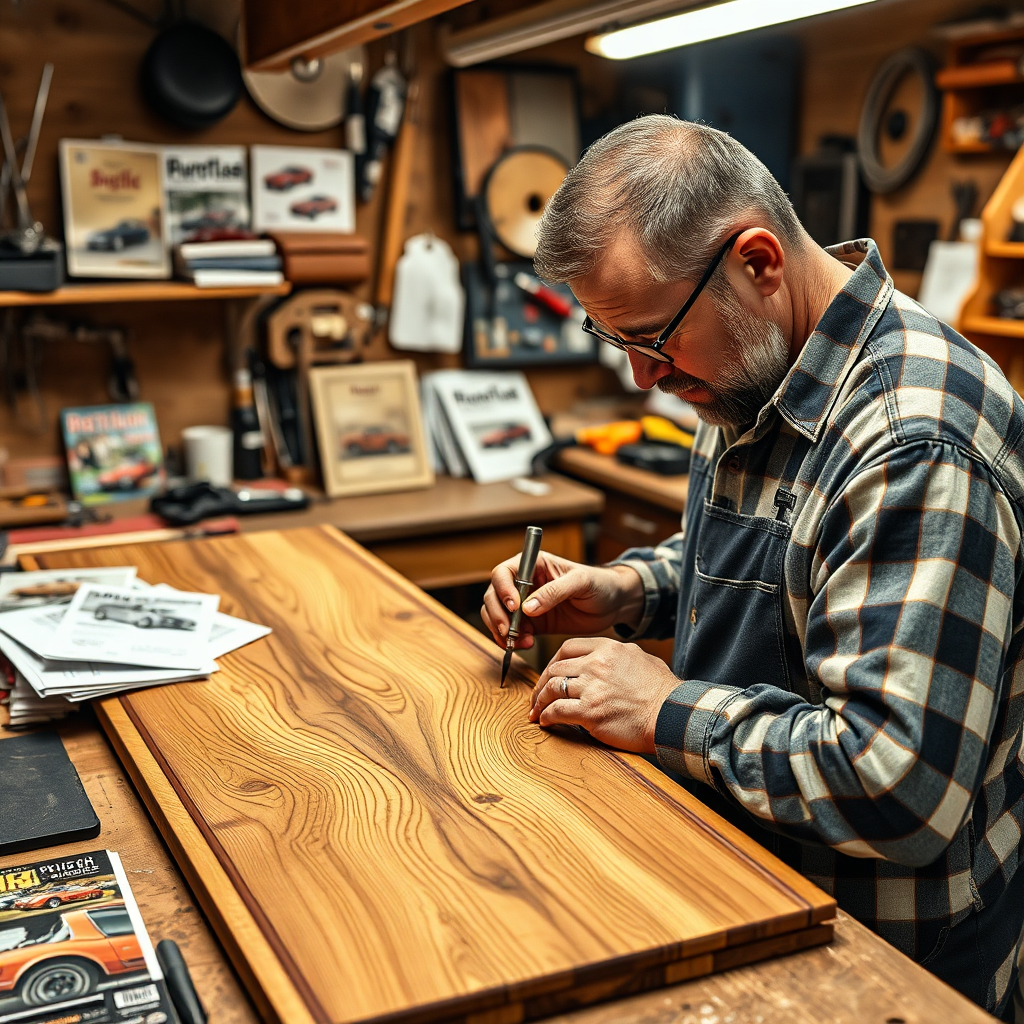 Create a 4K, high-quality image for the 'About Us' section of BKI Specialties LLC. The scene should depict a craftsman's workshop, filled with tools, design mockups, and partially completed custom car show boards. The lighting should be warm and inviting, illuminating the intricate details of the boards. Focus on a close-up shot of a skilled artisan meticulously working on a show board, using precision tools and displaying focused concentration. Include elements such as vintage car magazines, design sketches, and samples of various materials (wood, metal, carbon fiber) to create a sense of expertise and craftsmanship. The style should be slightly stylized, emphasizing the artistic and handcrafted nature of the product. The color palette should be earthy and rich, with tones of brown, gold, and silver to convey a sense of quality and heritage.