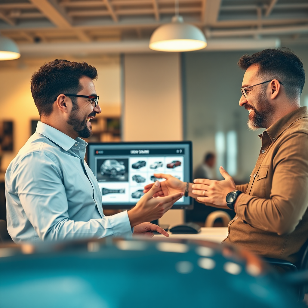 Create a photorealistic image depicting a friendly designer consulting with a car owner about their custom show board design. The scene should take place in a bright and modern office setting. The designer should be gesturing towards a computer screen displaying various design options. The car owner should be smiling and engaged, providing feedback and suggestions. The lighting should be warm and inviting, creating a sense of collaboration and trust. The color palette should be neutral and professional, emphasizing the expertise and professionalism of the designer.