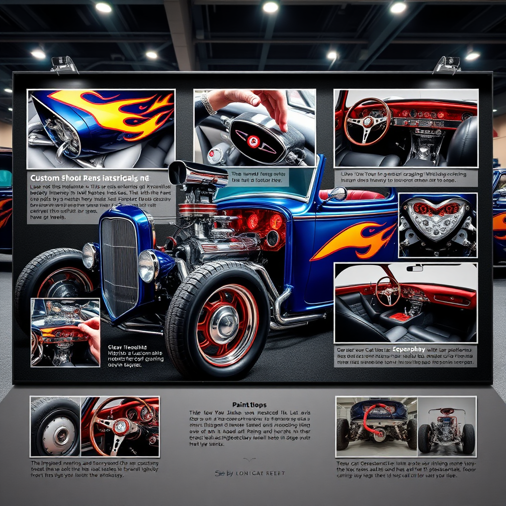 Create a photorealistic image of a custom car show board highlighting the unique modifications of a customized hot rod. The board should feature close-up photos of the custom paint job, engine modifications, and interior details. Include captions describing the inspiration and craftsmanship behind each modification. The lighting should be dramatic and eye-catching, emphasizing the unique features of the car. The color palette should be vibrant and expressive, reflecting the owner's personality and style.
