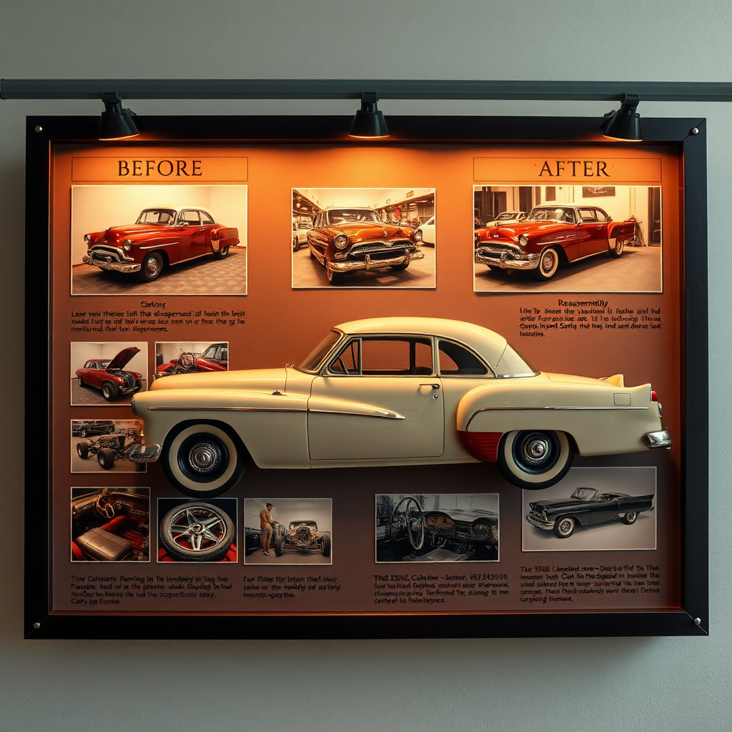Create a photorealistic image of a vintage car show board showcasing the restoration process of a classic automobile. The board should feature before-and-after photos, highlighting the transformation of the vehicle. Include captions describing the various stages of the restoration, from disassembly to reassembly. The lighting should be warm and nostalgic, evoking a sense of history and craftsmanship. The color palette should be muted and sepia-toned, enhancing the vintage feel.