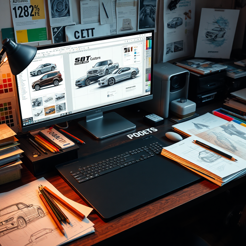 Create a photorealistic image of a designer's desk cluttered with sketches, color swatches, and digital design tools. The focus is on a partially completed custom car show board design displayed on a computer screen. The lighting should be soft and warm, emphasizing the creative process. Include elements such as pencils, erasers, rulers, and reference books to create a sense of artistry and precision. The color palette should be rich and varied, reflecting the range of design options available.