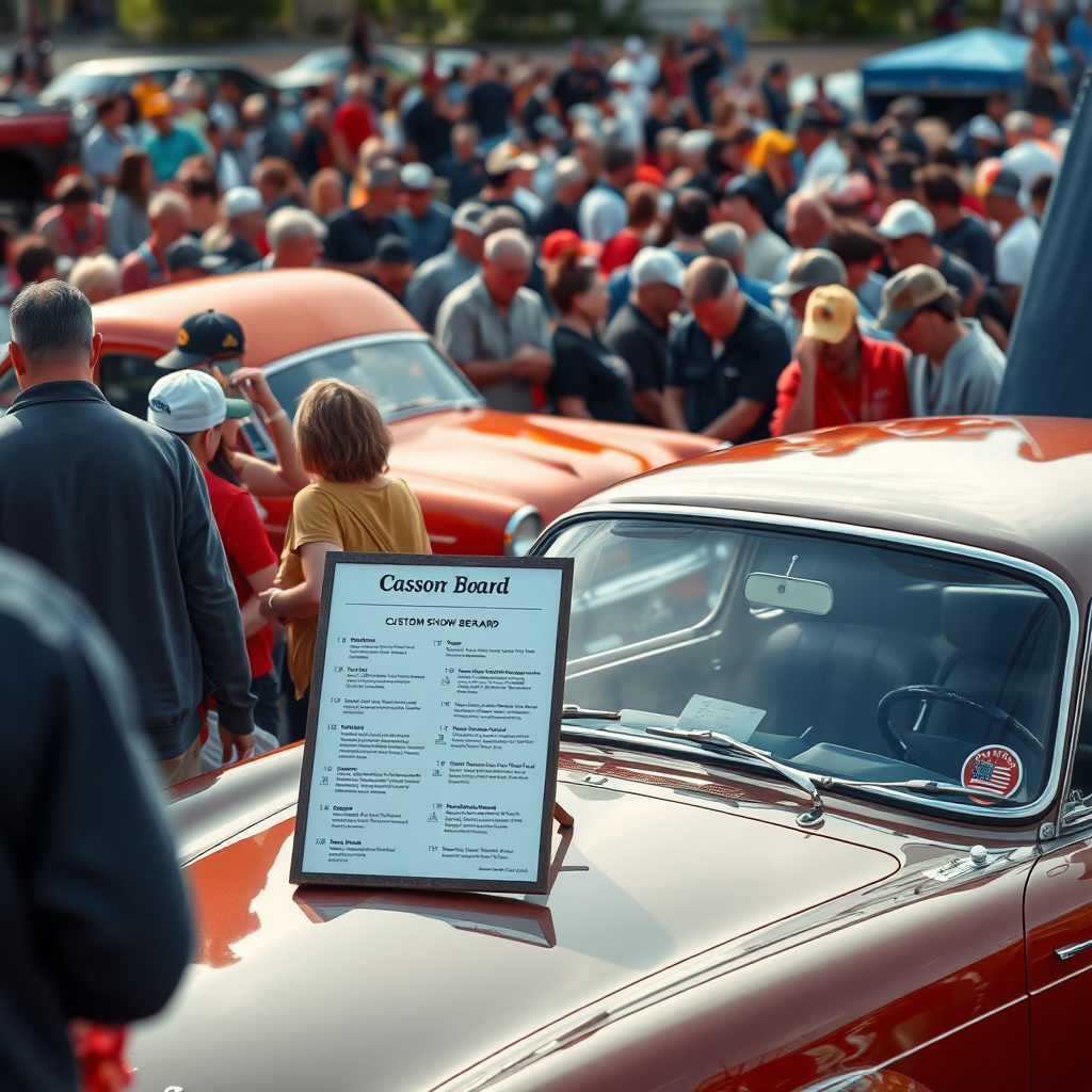 Create a photorealistic image depicting a crowd of people gathered around a classic car at a car show. The focal point is a custom show board placed beside the car, displaying interesting facts and specifications. The lighting should be natural and dynamic, capturing the excitement and energy of the crowd. The camera angle should be slightly elevated, showing the car, the board, and the surrounding people. The color palette should be vibrant and diverse, reflecting the variety of cars and people at the show.