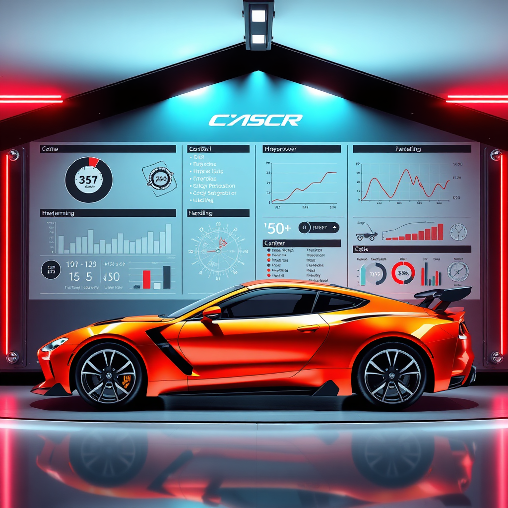 Create a stylized image of a modern car show board showcasing the technical specifications of a high-performance sports car. The board should feature charts, graphs, and diagrams illustrating the car's engine output, acceleration, and handling characteristics. Include key statistics such as horsepower, torque, and top speed. The lighting should be cool and precise, emphasizing the technical aspects of the vehicle. The color palette should be bold and dynamic, reflecting the car's performance capabilities.