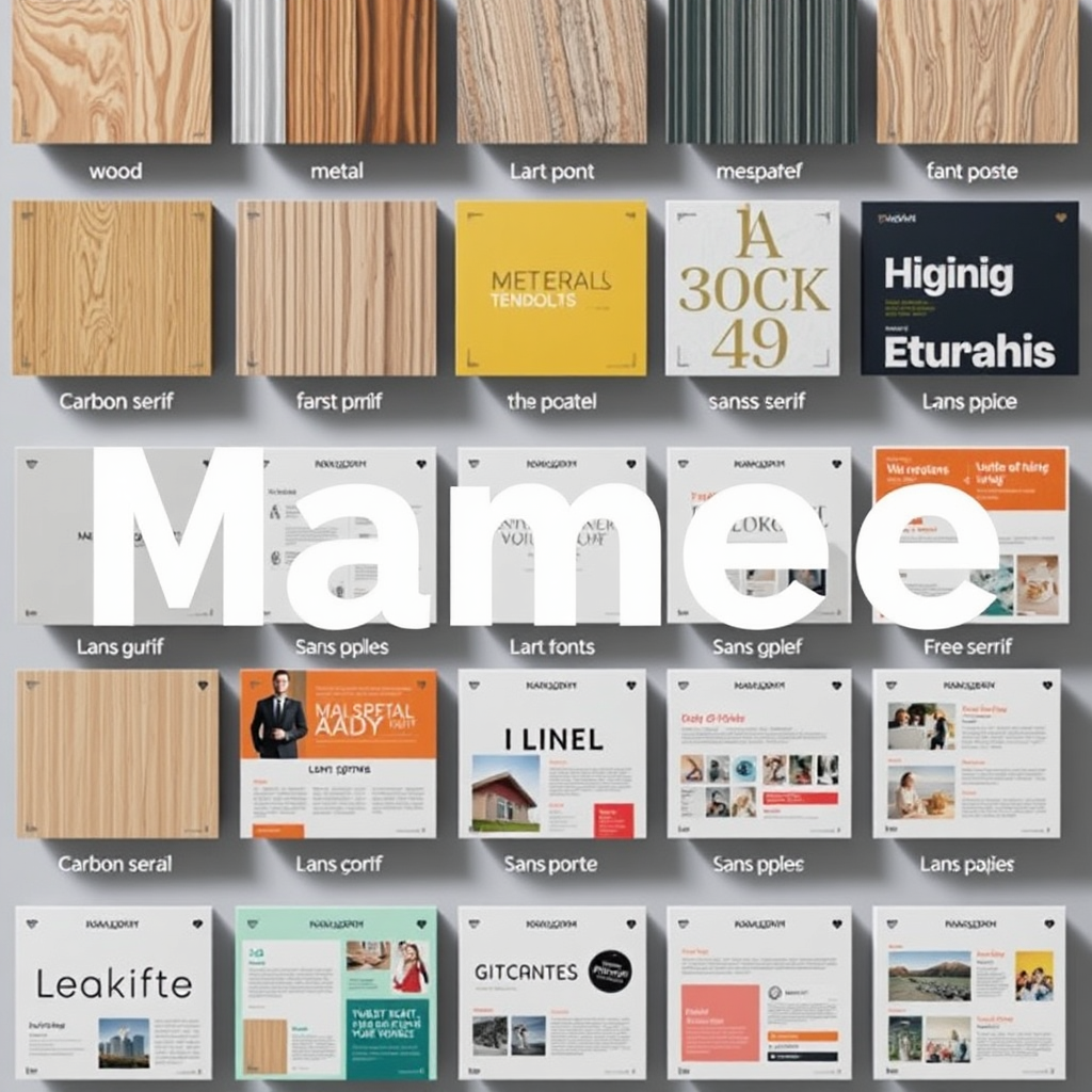 Create a stylized image showcasing a wide array of material samples, font options, and layout templates. The samples should include wood, metal, carbon fiber, and various types of paper. The fonts should range from classic serif to modern sans-serif. The layout templates should illustrate different arrangements of text, images, and graphics. The lighting should be bright and even, highlighting the variety of options available. The color palette should be diverse and harmonious, reflecting the range of design possibilities.