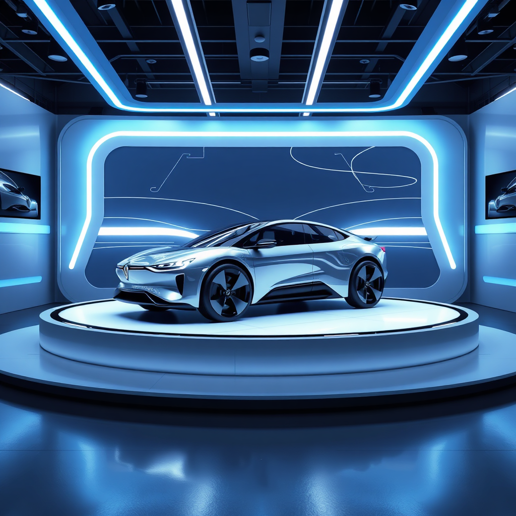 Design a stylized image representing a sleek and modern car show booth. The centerpiece is a custom show board with a minimalist design, showcasing a futuristic electric car. The lighting should be cool and futuristic, with neon accents and clean lines. The board should feature interactive elements, such as a touchscreen display or augmented reality overlays. The color palette should be dominated by shades of blue, silver, and white, conveying innovation and technology.